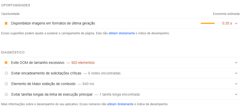 Seção do PageSpeed Insights que mostra sugestões de melhoria para o site