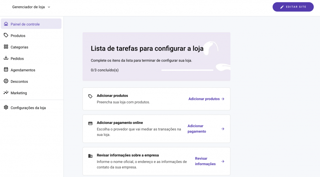 gerenciador de loja no criador de sites da hostinger