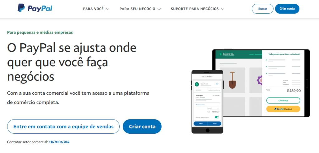 Página inicial do PayPal para empresas no Brasil