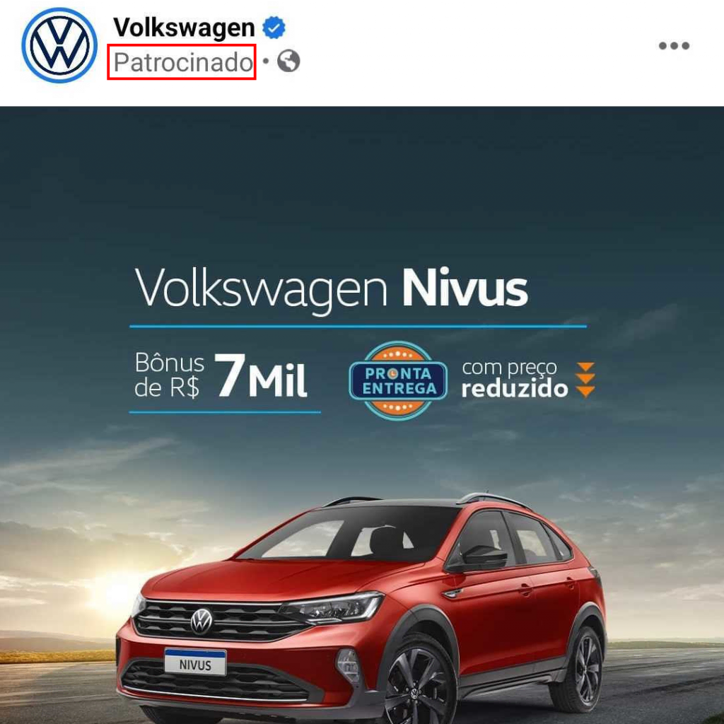Propaganda da Volkswagen no Facebook com a palavra "patrocinado" em destaque