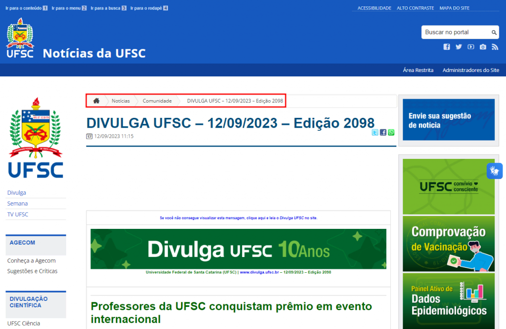 Exemplo de breadcrumbs no site da Universidade Federal de Santa Catarina