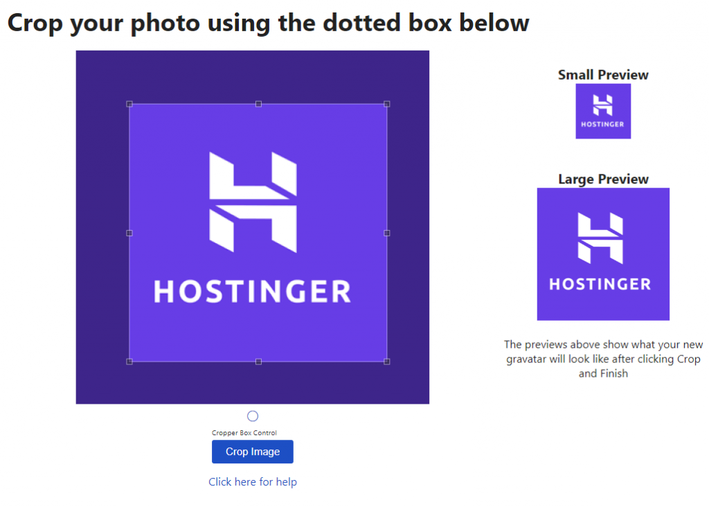 tela de upload de imagem no Gravatar com o logo da Hostinger upado