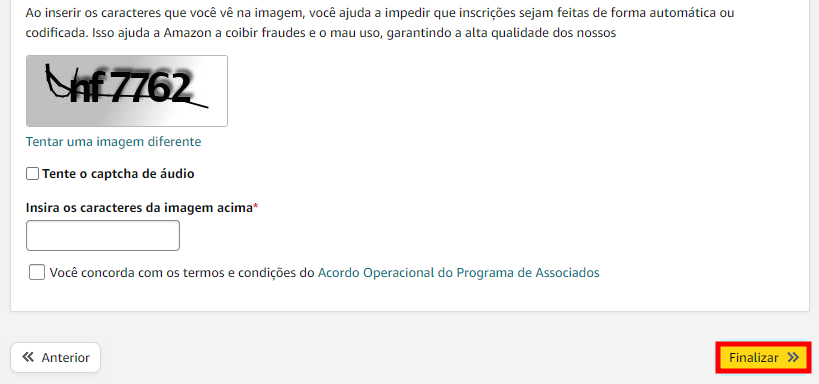 Tela de finalização de cadastro nos associados amazon