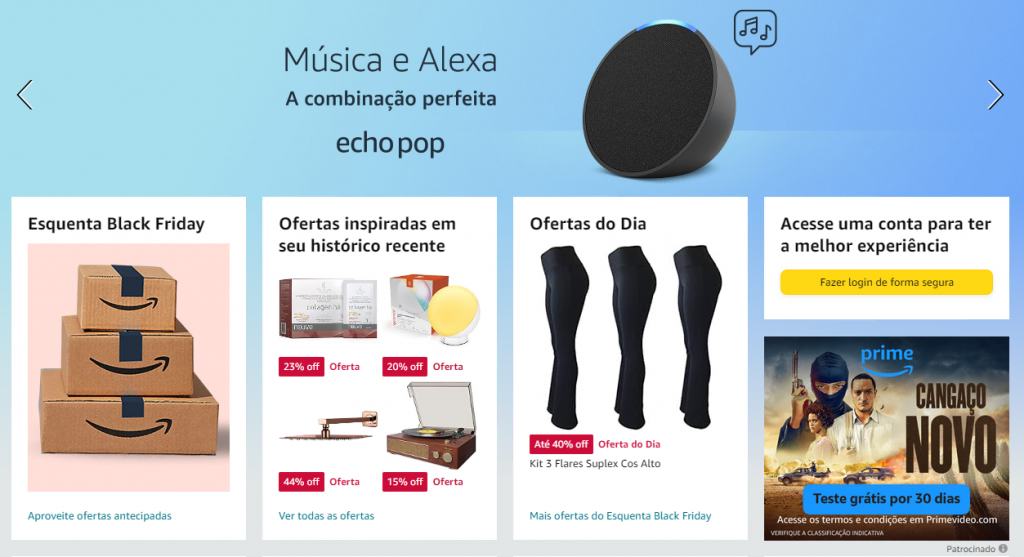 Página inicial da Amazon com propaganda da Alexa, Esquenta para a Black Friday e ofertas baseadas no histórico recente do usuário