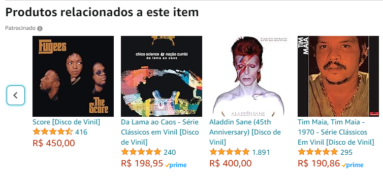 Produtos relacionados na Amazon, listando diferentes vinis de artistas nacionais e internacionais