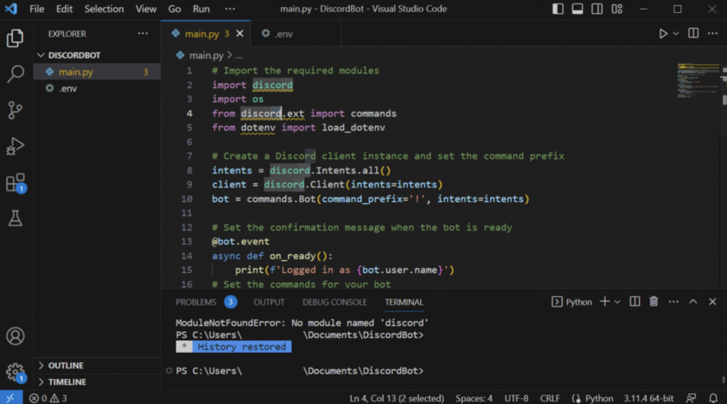 codificando bot para discord no vscode