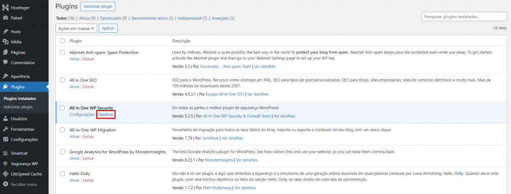 A seção Plugins no WordPress com o link Desativar destacado em um plugin de segurança.