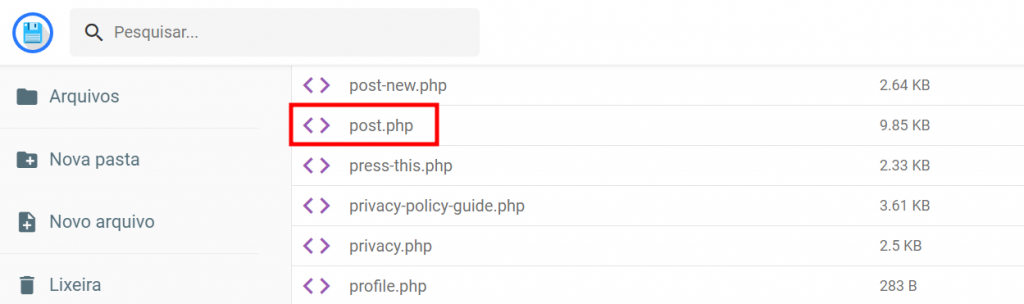 O arquivo wp-includes/post.php está localizado no Gerenciador de arquivos