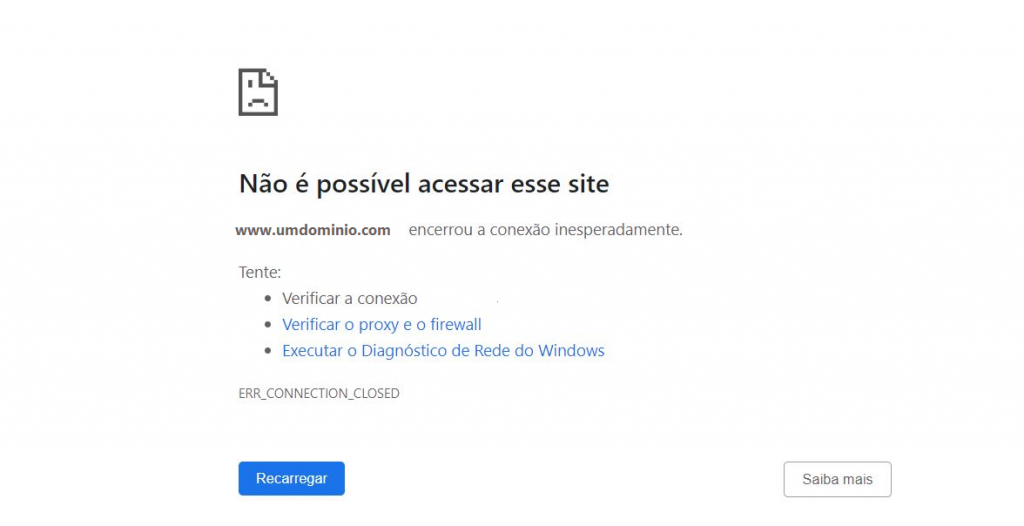 Página do erro ERR_CONNECTION_CLOSED no Google Chrome