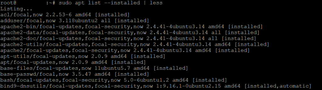 comando apt exibindo a lista comprimida de pacotes instalados no ubuntu 22.04
