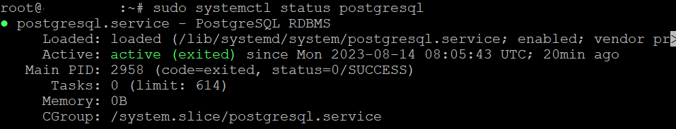 terminal exibindo status ativo do postgresql