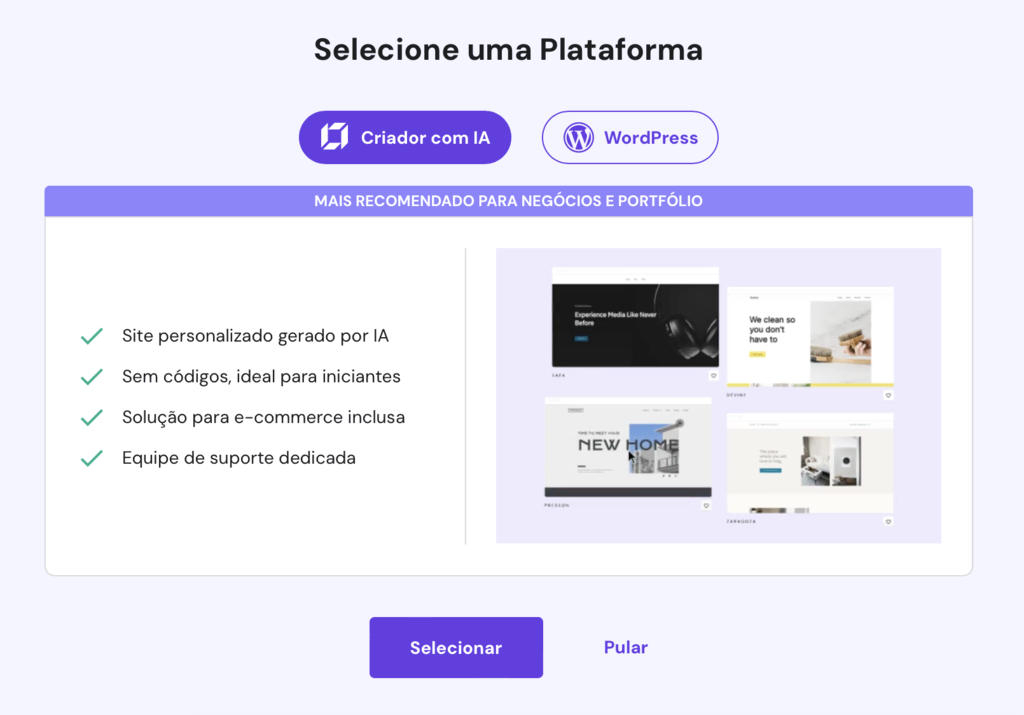 tela "selecione uma plataforma" no hpanel ao criar um novo site (escolhendo o criador de sites com ia)