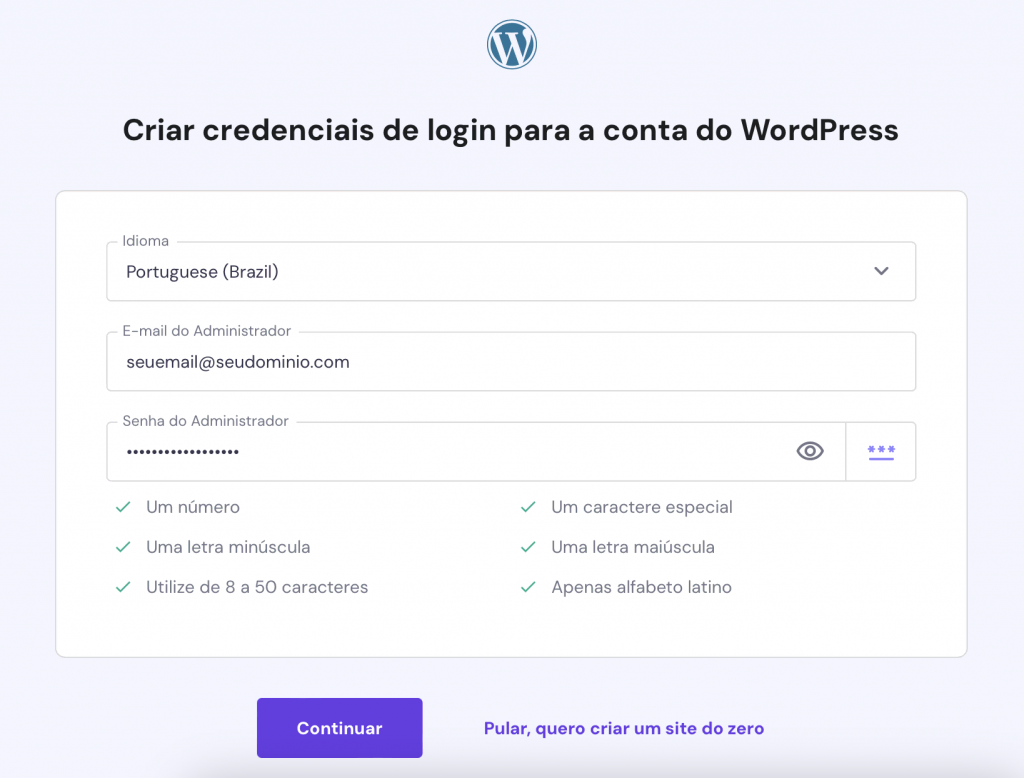 configurando o wordpress no hpanel ao criar novo site