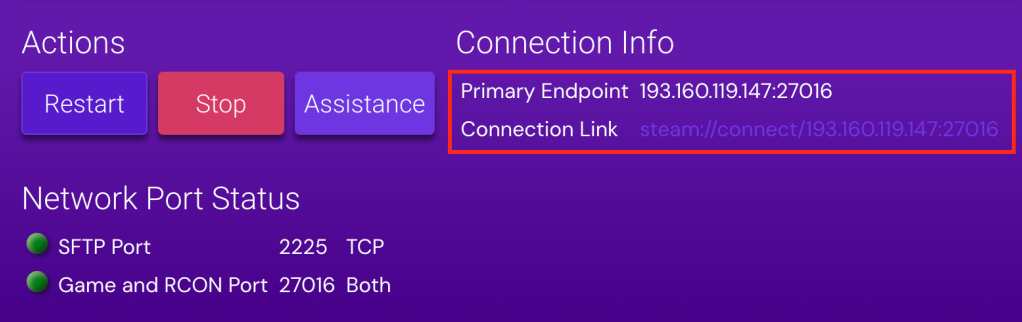 endereço ip, porta e link de conexão do servidor no painel de jogos da hostinger