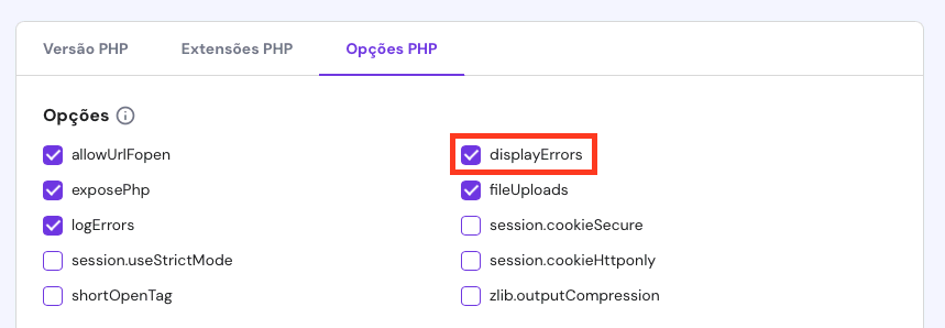 ativando a opção displayerrors nos logs de erros php do hpanel