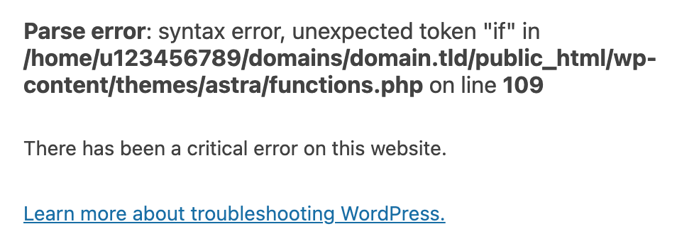 exemplo de erro php exibido em site
