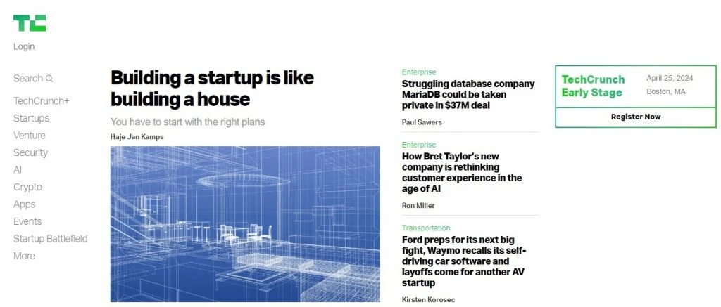 captura de tela da homepage do TechCrunch