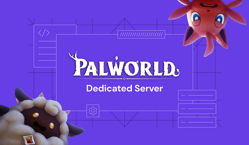 Imagem de fundo roxo com elementos gráficos ao fundo em tom mais claro, ao centro da imagem temos o nome do servidor Palworld e nos extremos da imagem as criaturas misterioras, Pals.