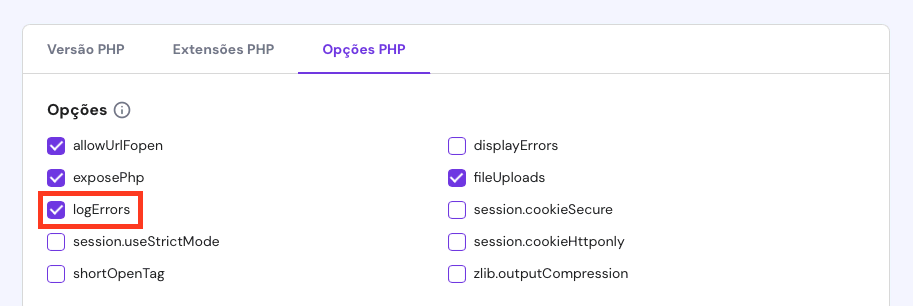 ativando a opção logErrors (PHP) no hPanel