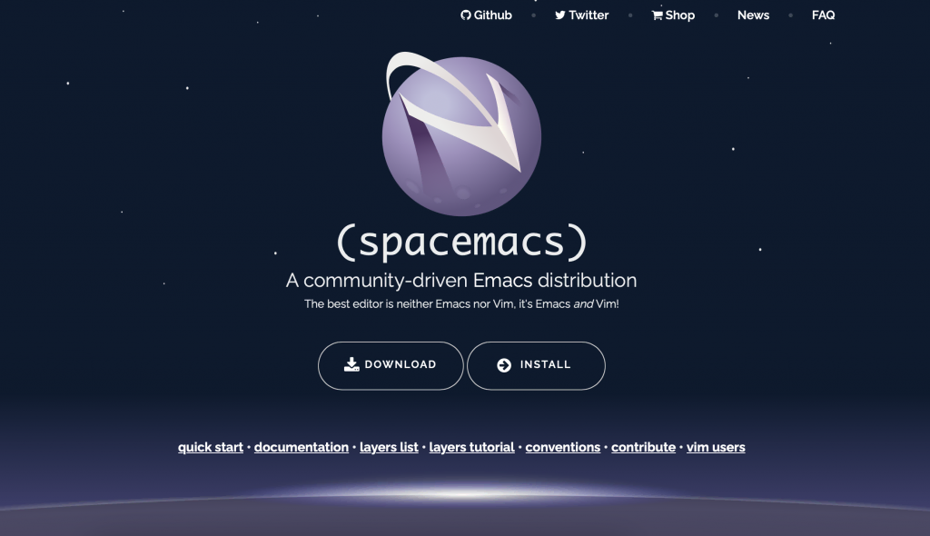 página inicial do editor de código spacemacs