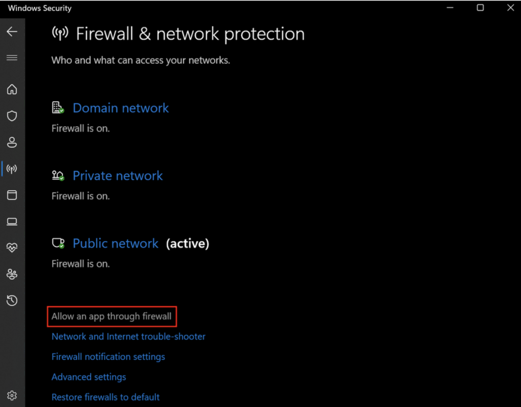 opção Permitir um aplicativo por meio do firewall no windows security