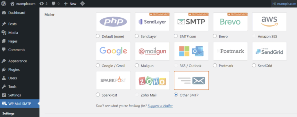 configurações de email no plugin wp mail smtp