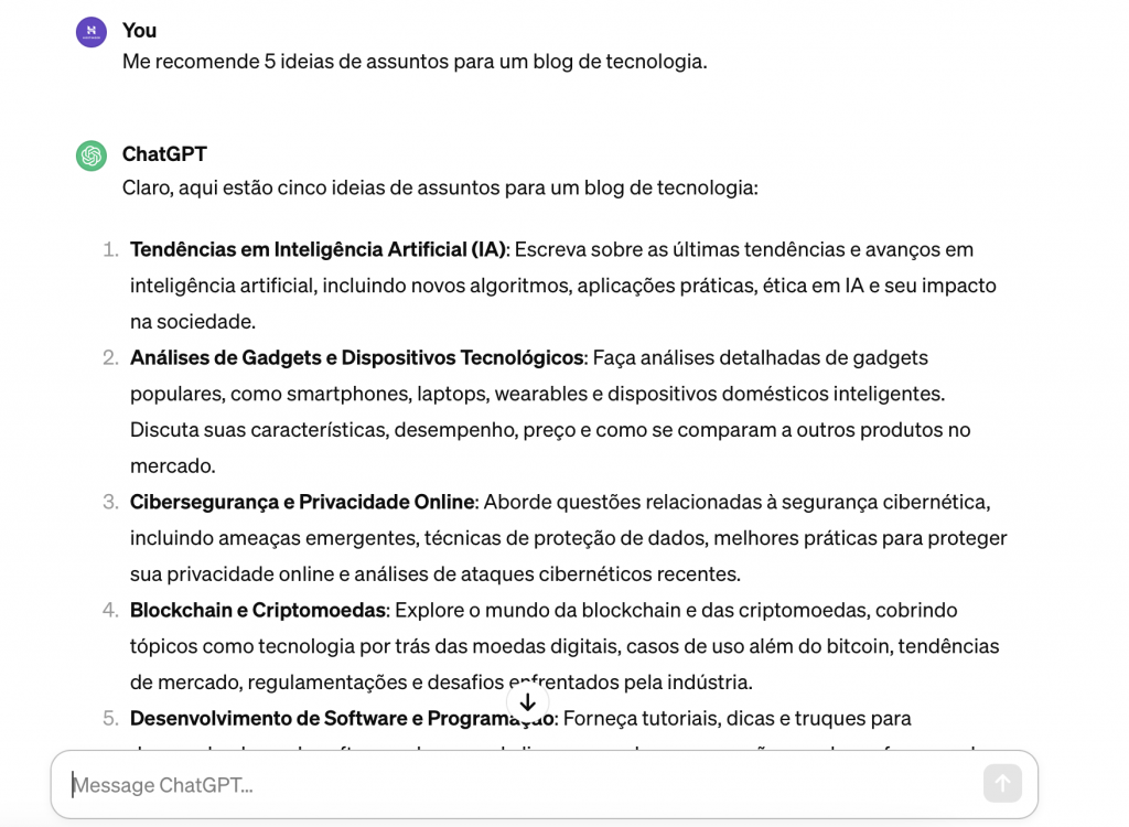 chatgpt recomenda assuntos para blog de tecnologia