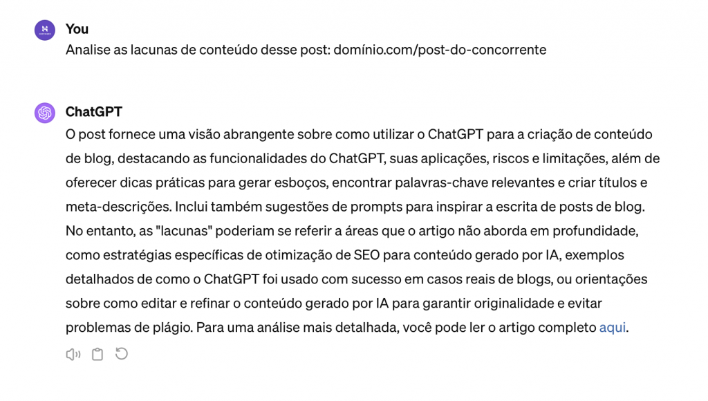 chatgpt analisa lacunas de conteúdo em artigo concorrente