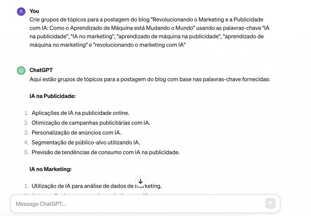 chatgpt sugere grupos de tópicos para blog