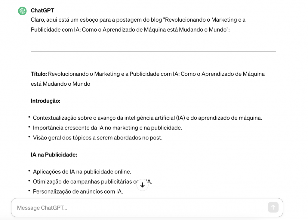 chatgpt faz esboço de postagem para blog