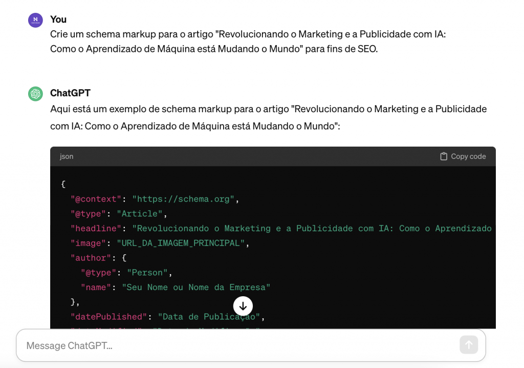 chatgpt escrevendo schema markup para post de blog