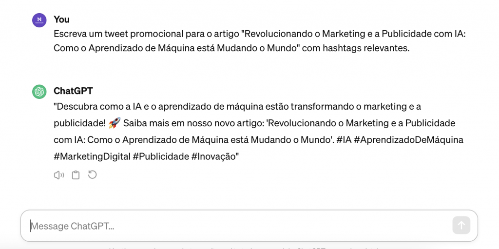 pedindo ao chatgpt para escrever um tweet promocional para post de blog