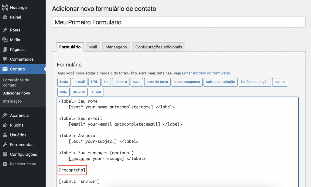 adicionando recaptcha a formulário de contato no contact form 7 do wordpress