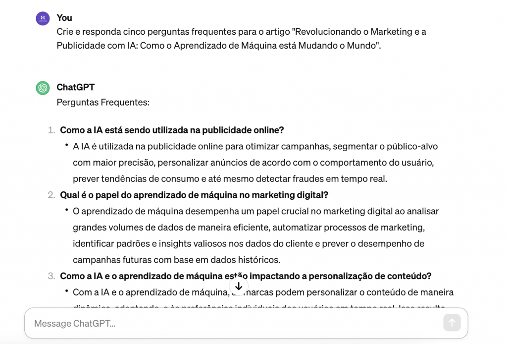 chatgpt sugere seção de perguntas frequentes para artigo de blog