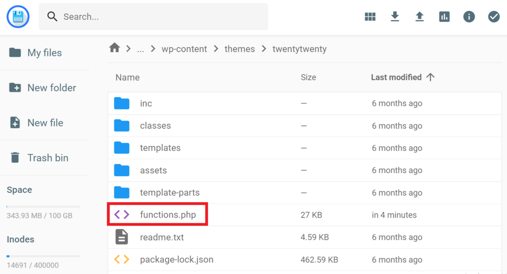 abrindo o arquivo functions.php no gerenciador de arquivos da hostinger