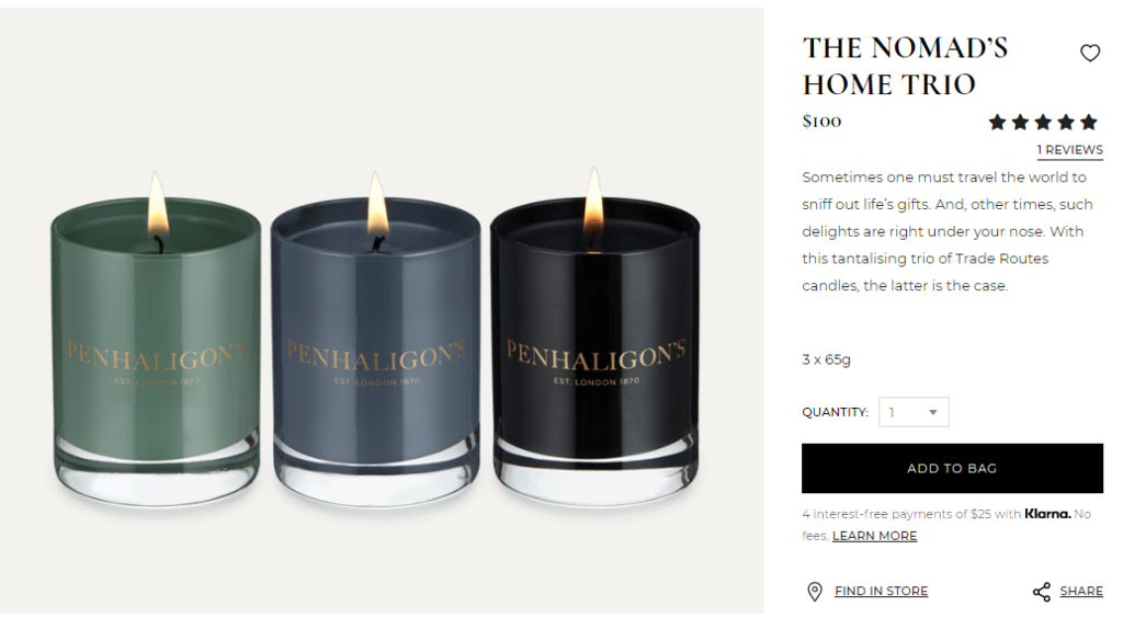 captura de tela de e-commerce de velas