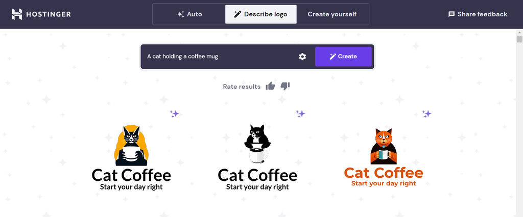 Usando o Criador de Logos da Hostinger para criar designs de logotipo de um gato segurando uma caneca de café