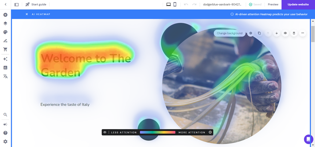 O recurso de Mapa de calor de IA da Hostinger Website Builder, que mostra a quais elementos os usuários prestam mais atenção