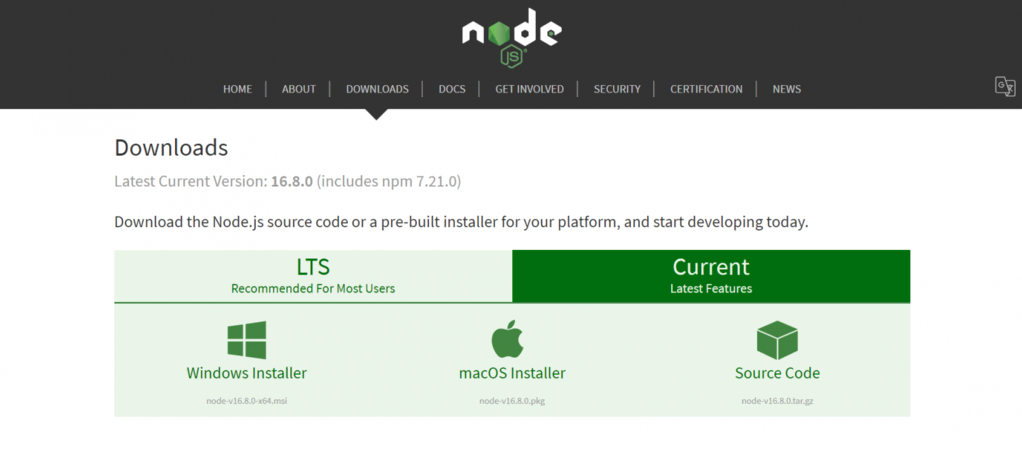 site oficial do node.js com links de download