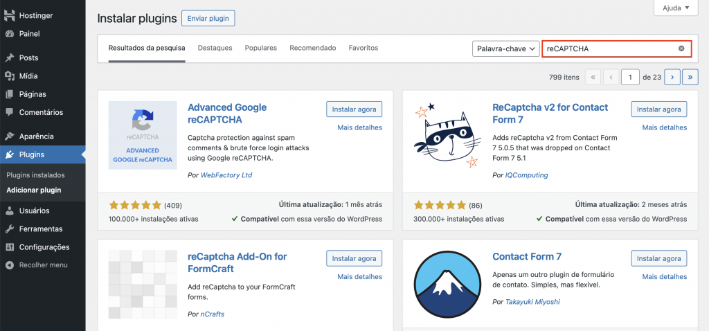 buscando recaptcha na busca de plugins do wordpress