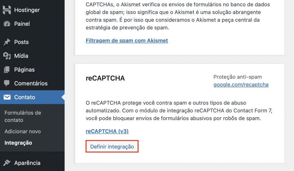 botão definir integração recaptcha no plugin contact form 7 para wordpress