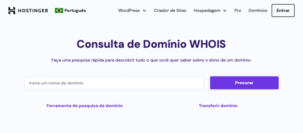 ferramenta de pesquisa de domínio whois lookup da hostinger