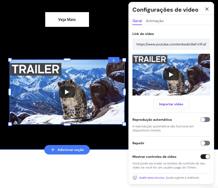 configurações de vídeo no criador de sites da hostinger