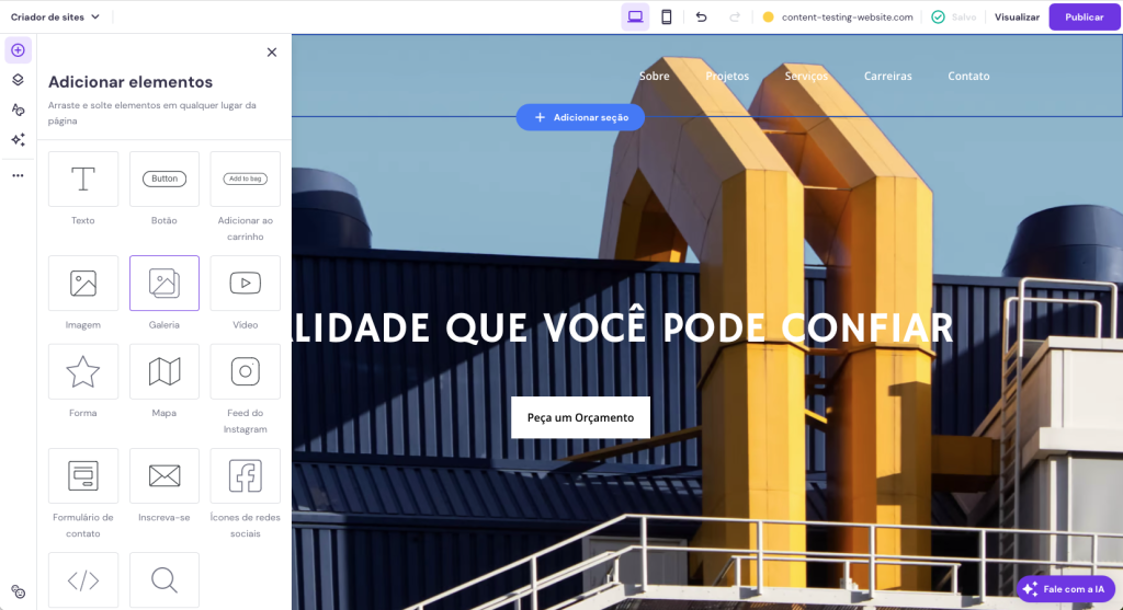 galeria de elementos no criador de sites da hostinger