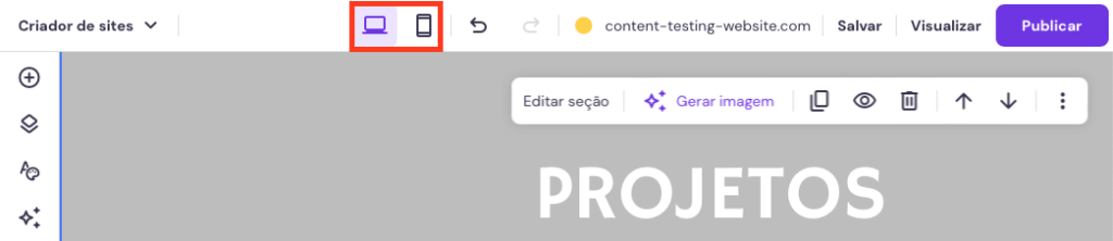 seletor de dispositivos móveis e desktop no criador de sites da hostinger