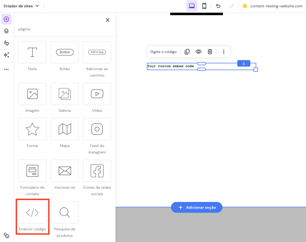 elemento embutir código no criador de sites da hostinger