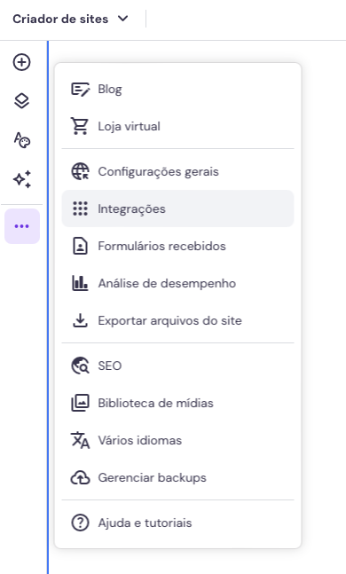 menu integrações no criador de sites da hostinger