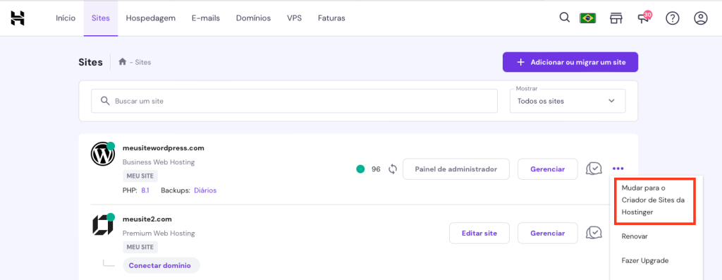 opção mudar para o criador de sites da hostinger em sites wordpress no hpanel