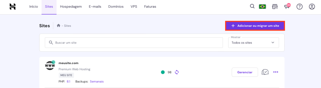 botão adicionar ou migrar um site na aba sites do hpanel