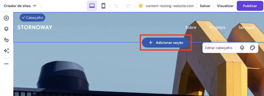 botão "adicionar seção" no criador de sites da hostinger